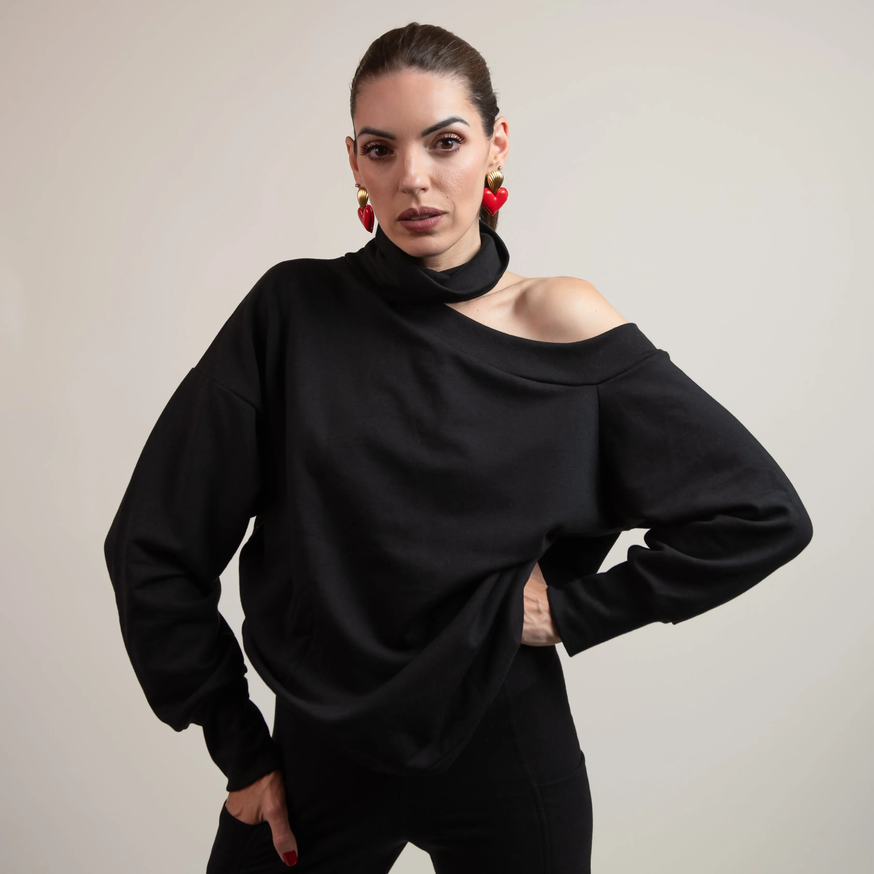 Mel - Soft Fleece Off-Shoulder Top and Fitted Pants Set (2-Piece Set)