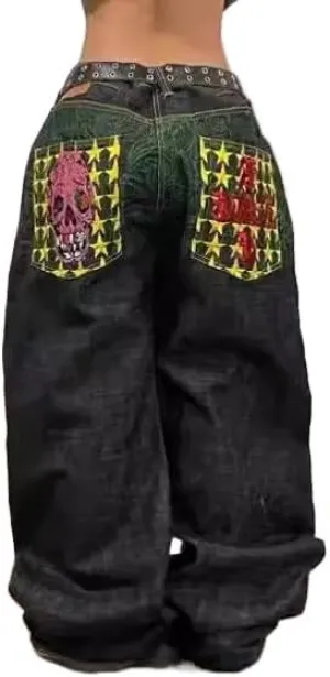 Men's and Women's Y2K Hip-hop Street Jeans Skeleton Print Gothic Loose Jeans Retro high Waisted Denim Wide Leg Pants