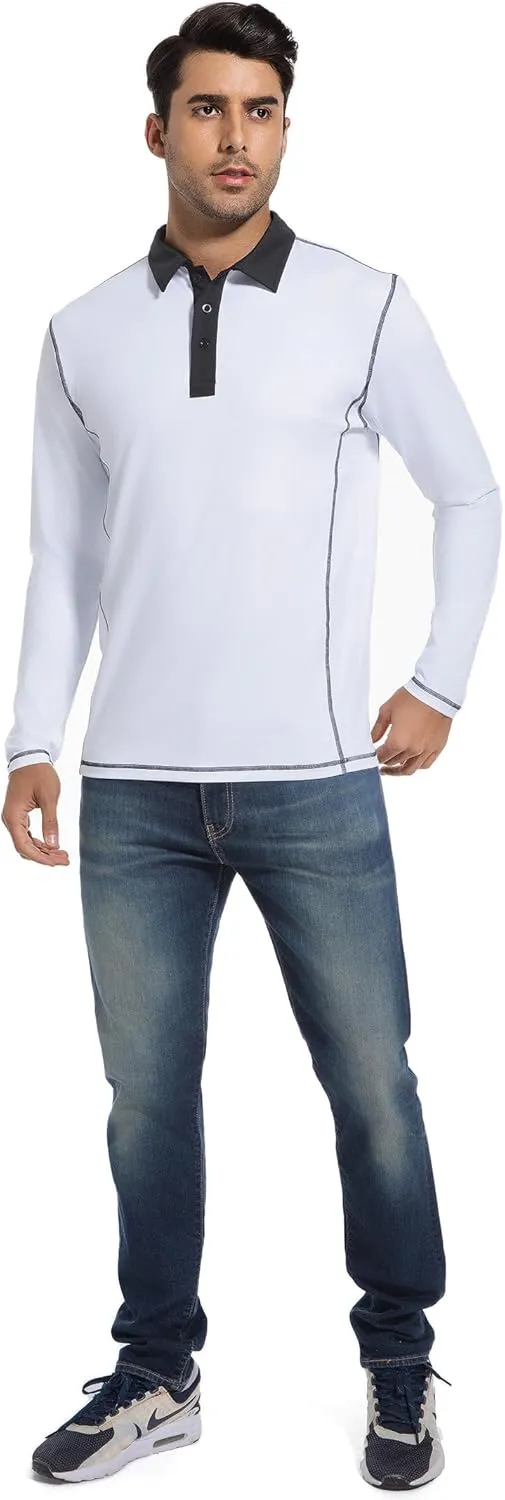 Mens Long Sleeve Polo Shirts Summer Casual Lightweight Knit True Classic Contrast Collar Button-Down Golf Tees
