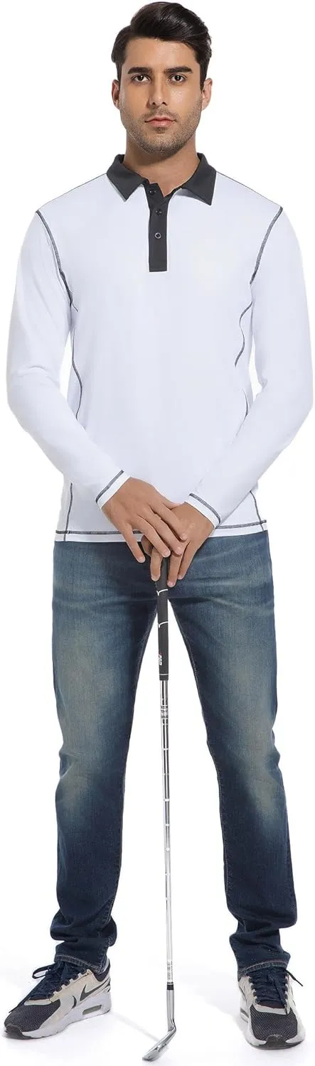 Mens Long Sleeve Polo Shirts Summer Casual Lightweight Knit True Classic Contrast Collar Button-Down Golf Tees