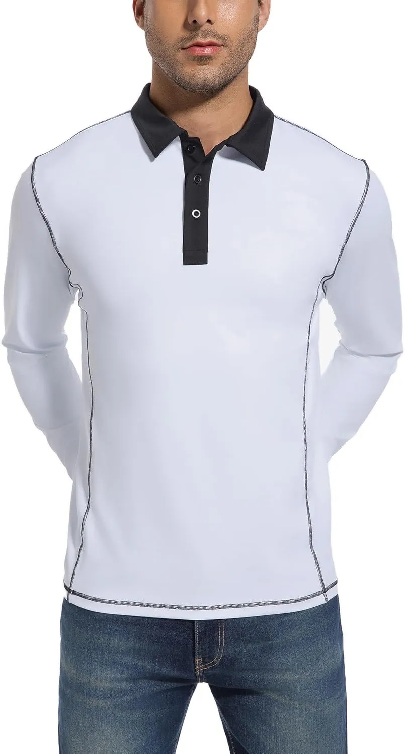 Mens Long Sleeve Polo Shirts Summer Casual Lightweight Knit True Classic Contrast Collar Button-Down Golf Tees