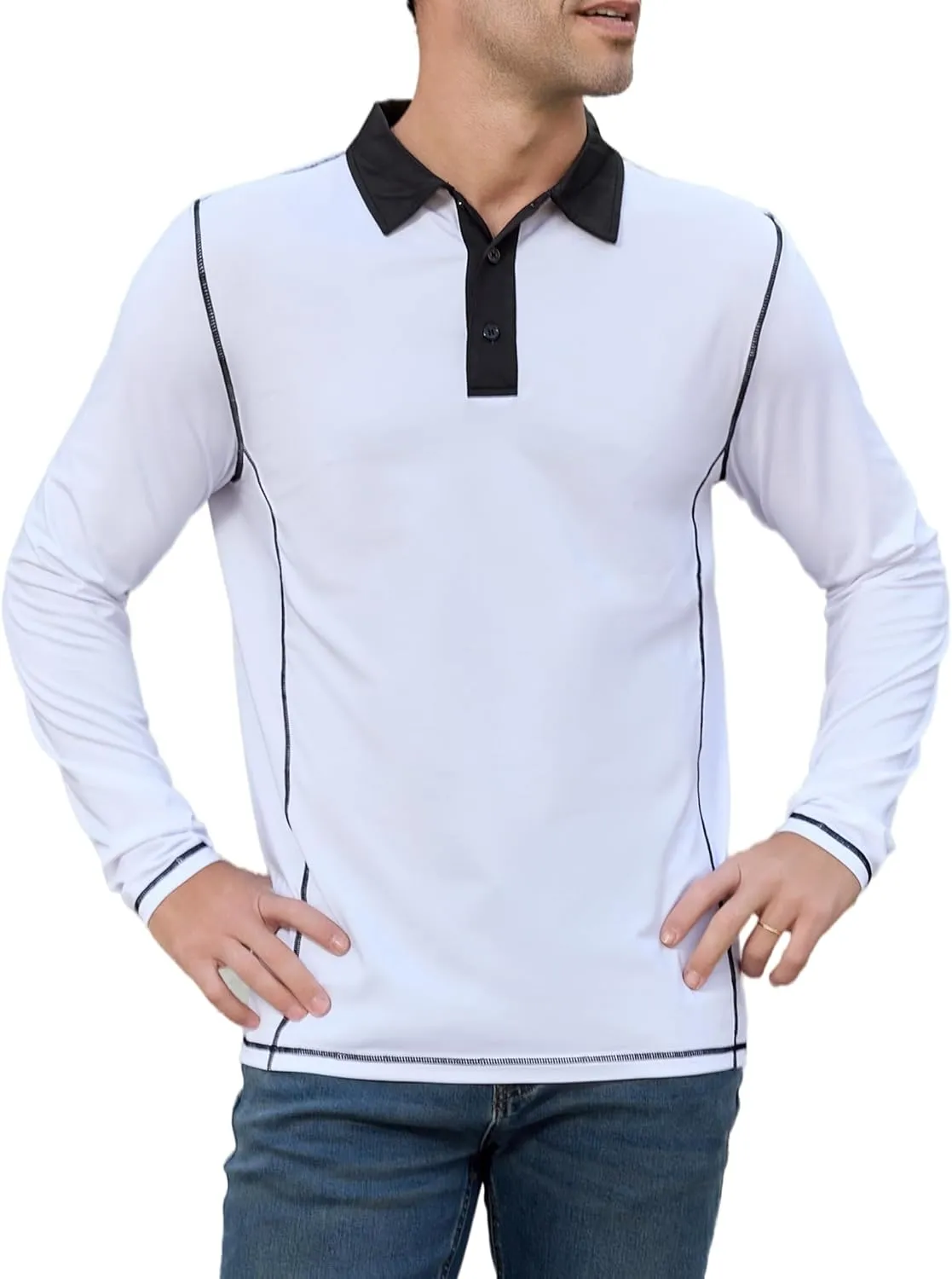 Mens Long Sleeve Polo Shirts Summer Casual Lightweight Knit True Classic Contrast Collar Button-Down Golf Tees