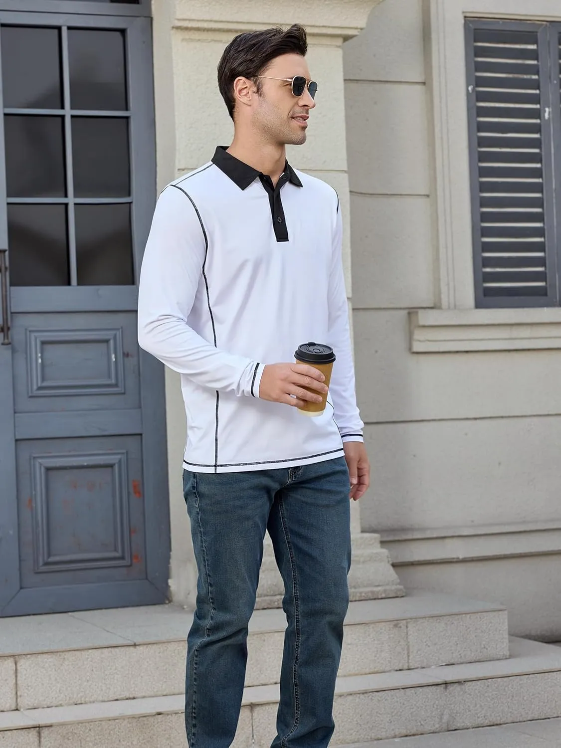 Mens Long Sleeve Polo Shirts Summer Casual Lightweight Knit True Classic Contrast Collar Button-Down Golf Tees