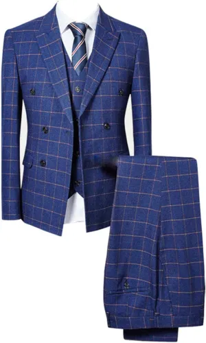 Mens Tweed Wool Blue Plaid Slim Fit 3 Piece Checked Suits Double Breasted Blazer Vest Pant