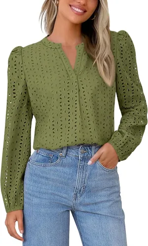 MEROKEETY Women's Hollow Out Lace Blouse Eyelet Embroidery Puff Long Sleeve V Neck Fall Boho Top Shirts