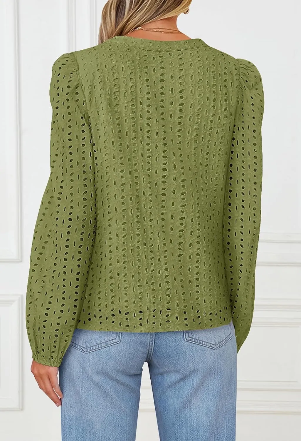 MEROKEETY Women's Hollow Out Lace Blouse Eyelet Embroidery Puff Long Sleeve V Neck Fall Boho Top Shirts