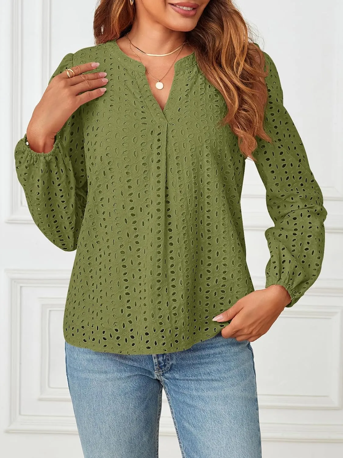 MEROKEETY Women's Hollow Out Lace Blouse Eyelet Embroidery Puff Long Sleeve V Neck Fall Boho Top Shirts