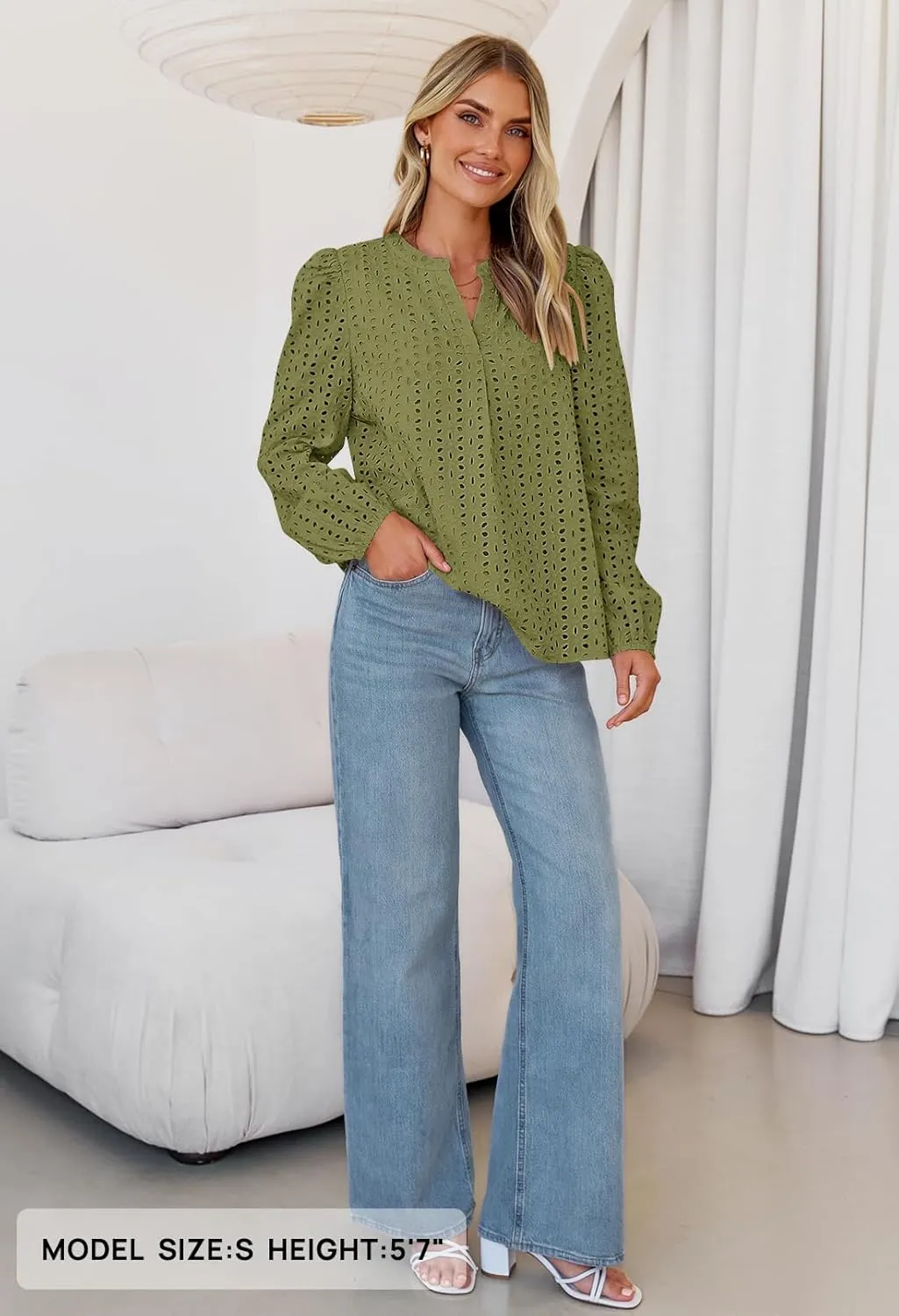 MEROKEETY Women's Hollow Out Lace Blouse Eyelet Embroidery Puff Long Sleeve V Neck Fall Boho Top Shirts