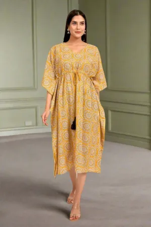 Mustard Yellow Printed Long Kaftan