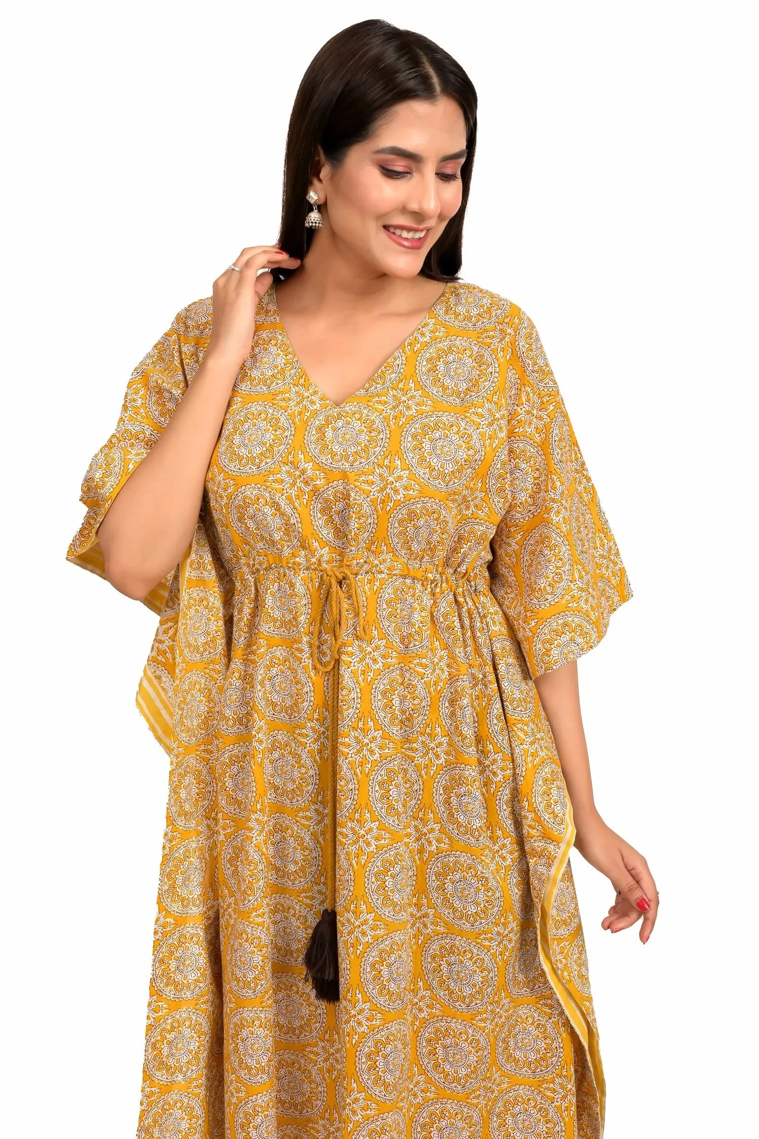 Mustard Yellow Printed Long Kaftan