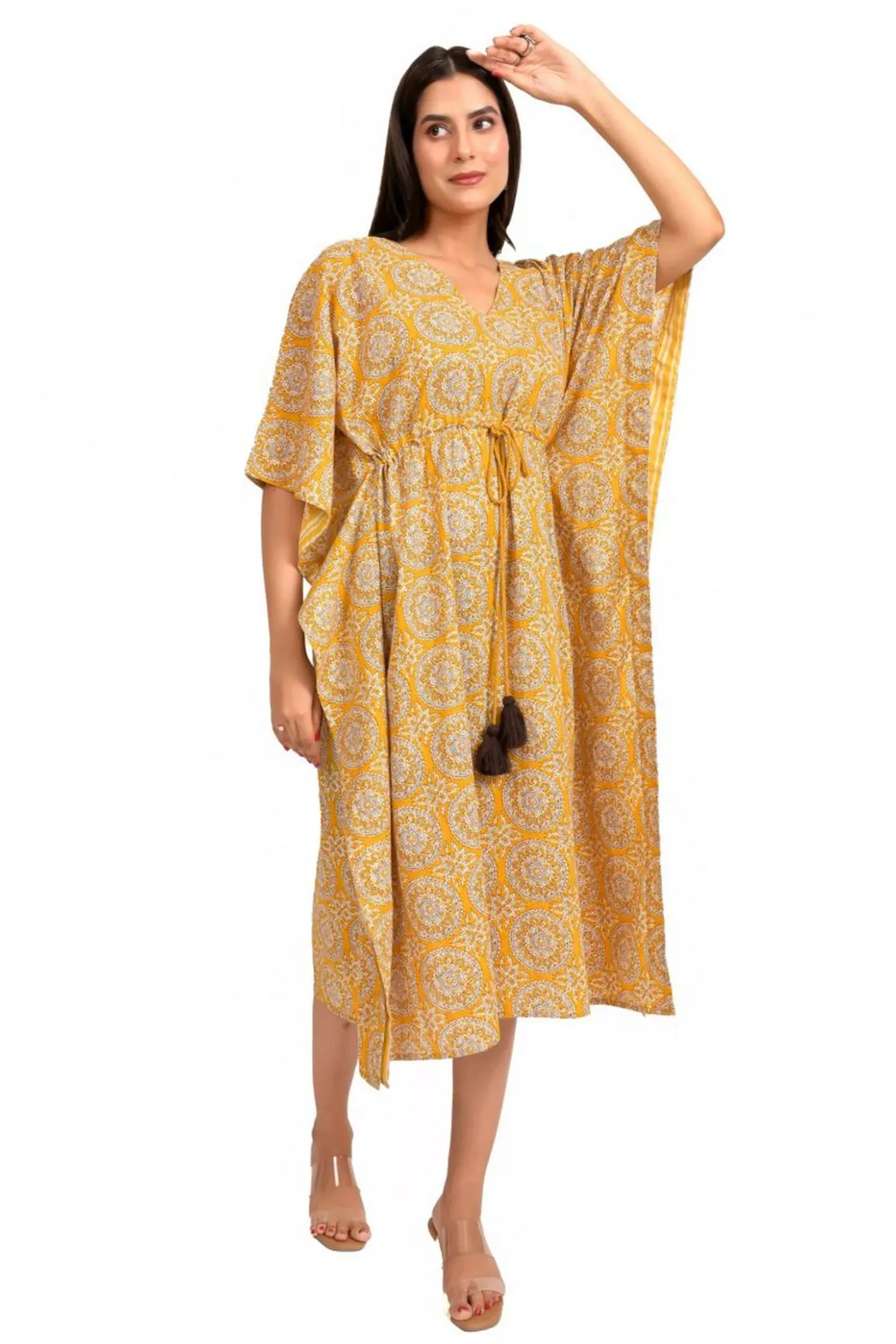 Mustard Yellow Printed Long Kaftan