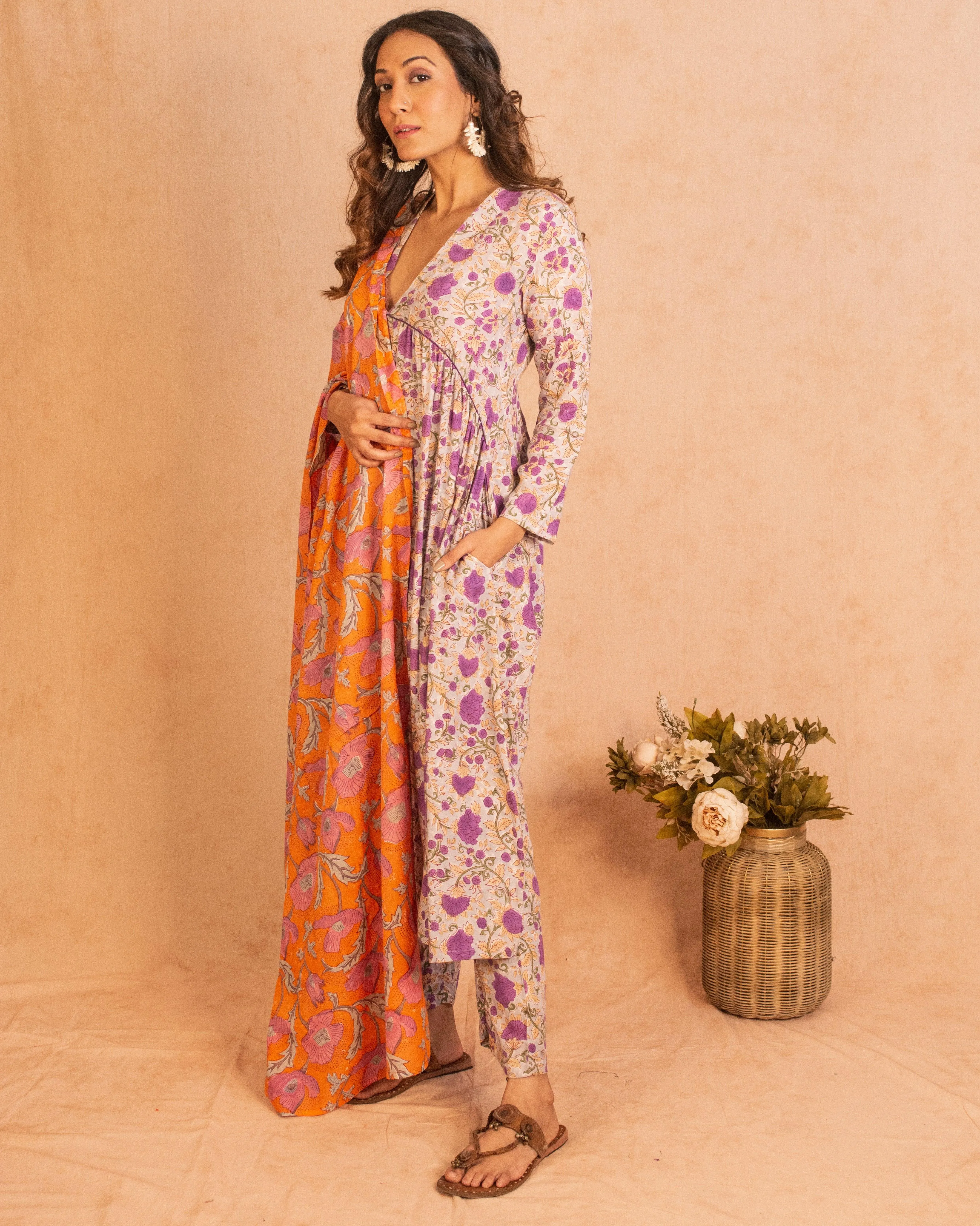 Orange Hand Block Printed Silk Dupatta