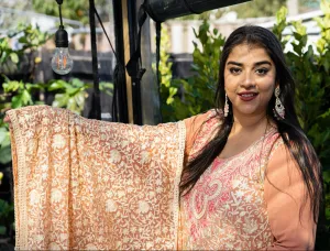 Peach & Pink Embroidered Aari Work Kurta Pant Set-Georgette