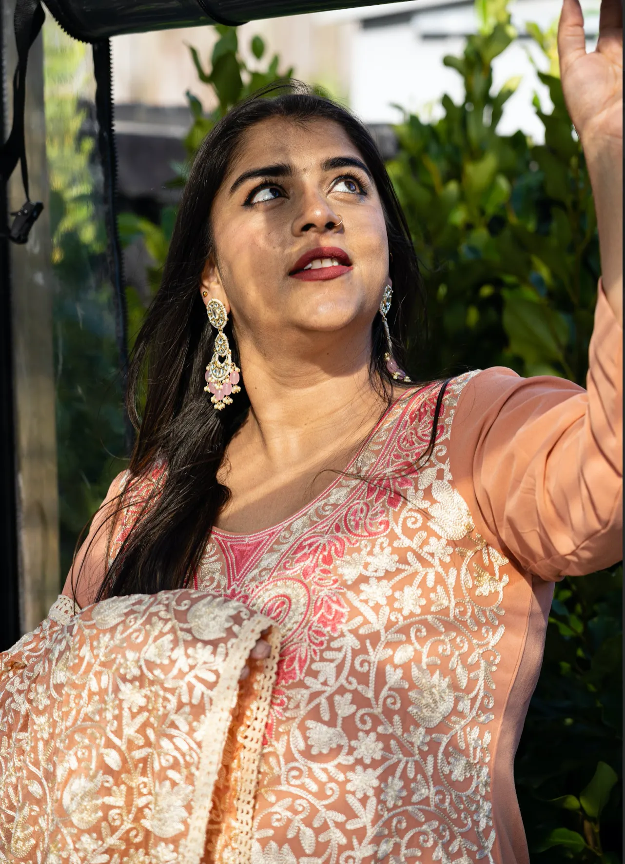Peach & Pink Embroidered Aari Work Kurta Pant Set-Georgette