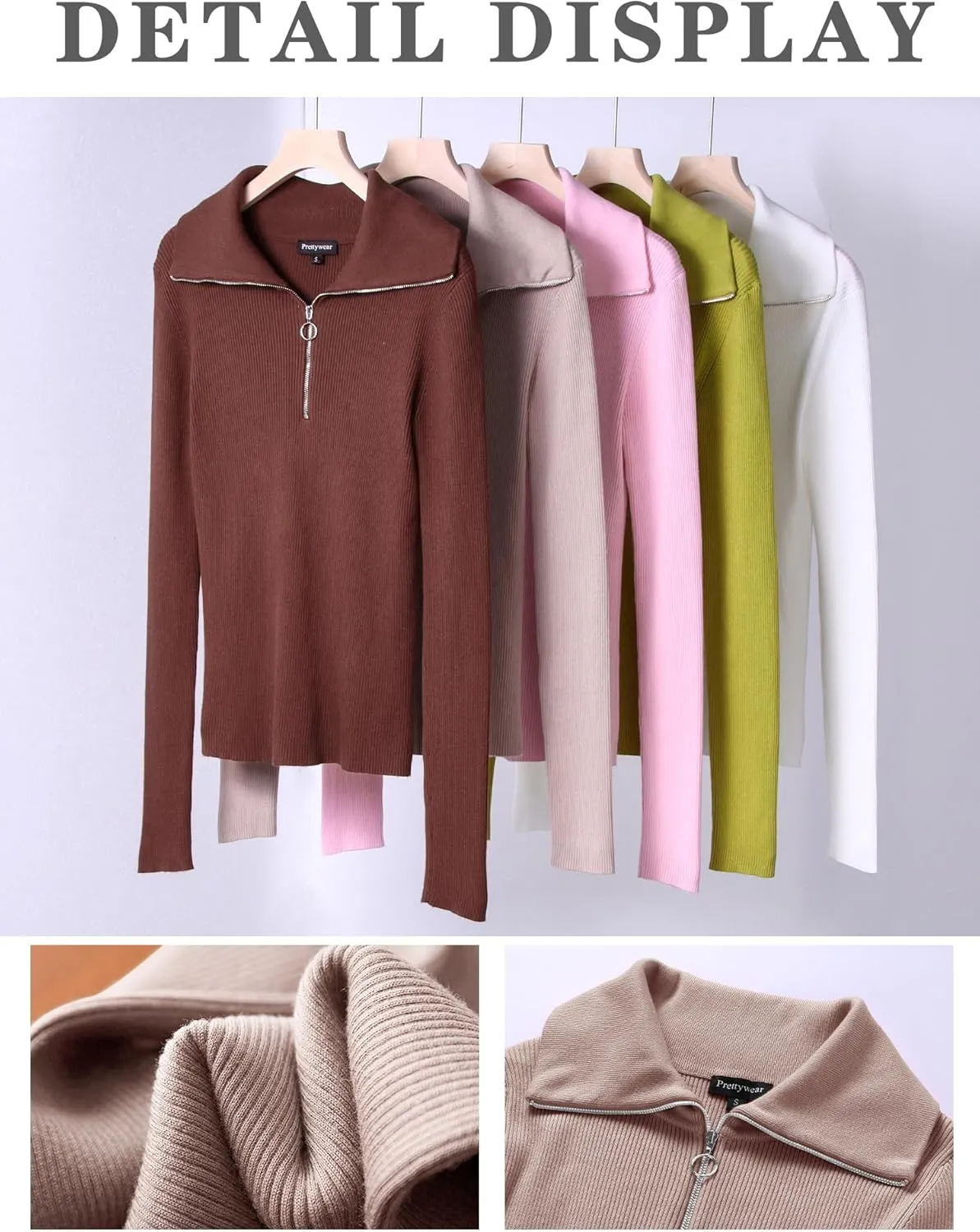 Prettywear Women's Quarter Zip Pullover Sweaters 2024 Long Sleeve Collared Slim Fit Ribbed Knit Business Casual Fall Top