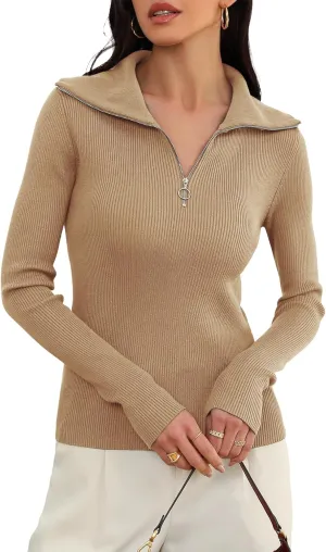Prettywear Women's Quarter Zip Pullover Sweaters 2024 Long Sleeve Collared Slim Fit Ribbed Knit Business Casual Fall Top