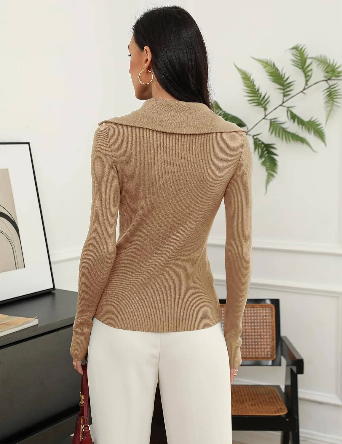 Prettywear Women's Quarter Zip Pullover Sweaters 2024 Long Sleeve Collared Slim Fit Ribbed Knit Business Casual Fall Top