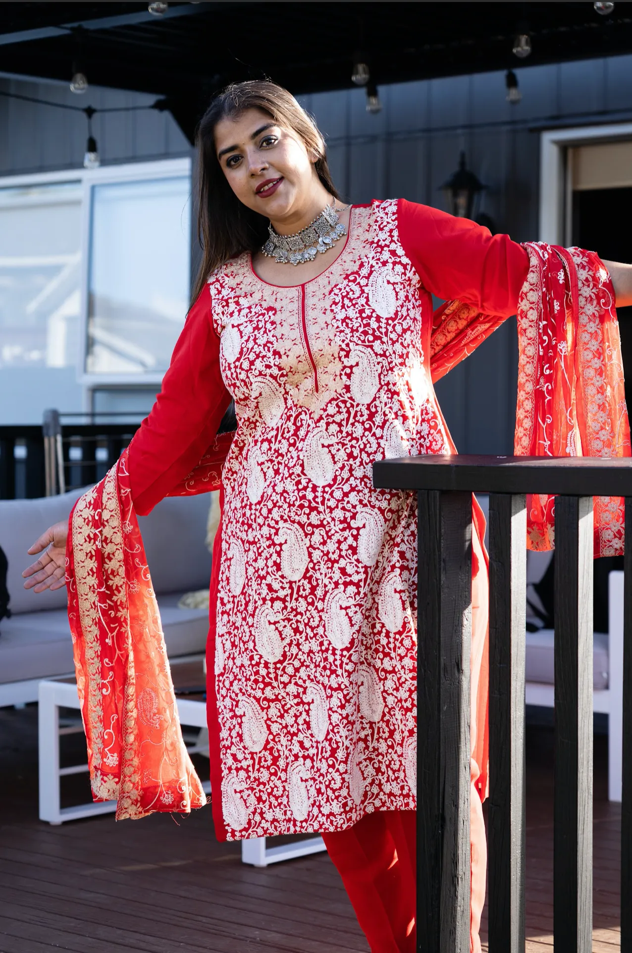 Red Embroidered Aari Work Kurta Pant Set- Georgette