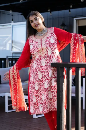 Red Embroidered Aari Work Kurta Pant Set- Georgette