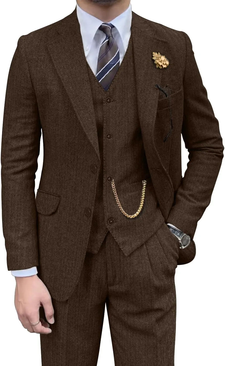 Retro Mens 3 Piece Suit Tweed Herringbone Slim Fit Suits Groomsmen Brown Tuxedos Set Prom Jacket Blazer Vest Pants for Men