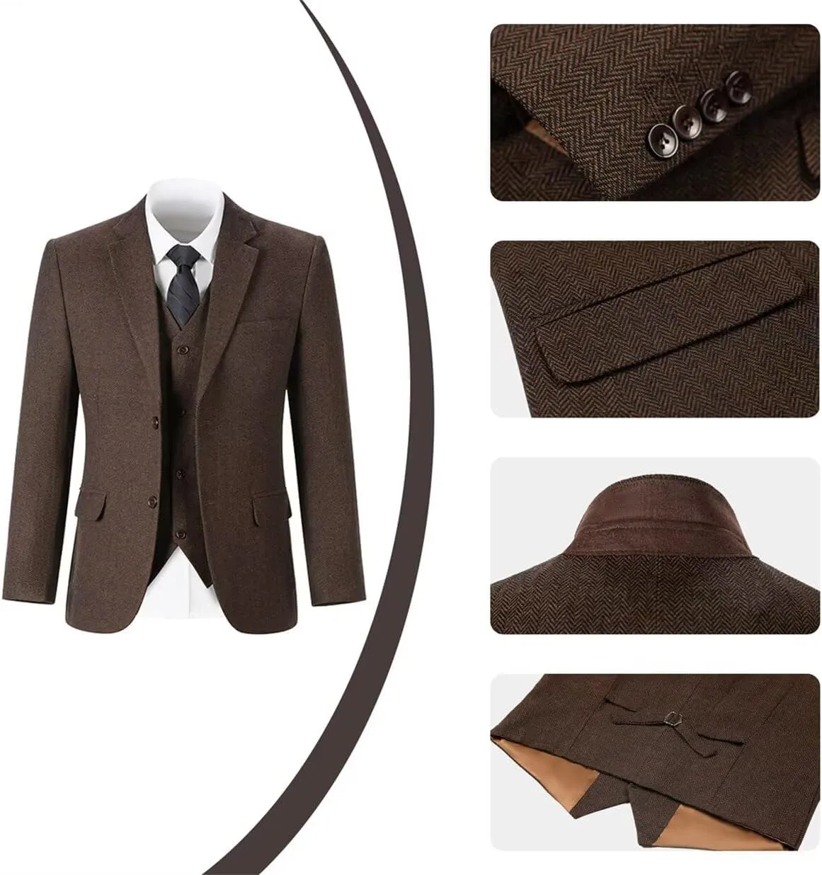 Retro Mens 3 Piece Suit Tweed Herringbone Slim Fit Suits Groomsmen Brown Tuxedos Set Prom Jacket Blazer Vest Pants for Men