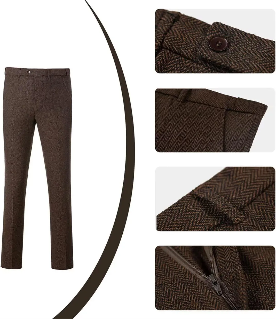 Retro Mens 3 Piece Suit Tweed Herringbone Slim Fit Suits Groomsmen Brown Tuxedos Set Prom Jacket Blazer Vest Pants for Men