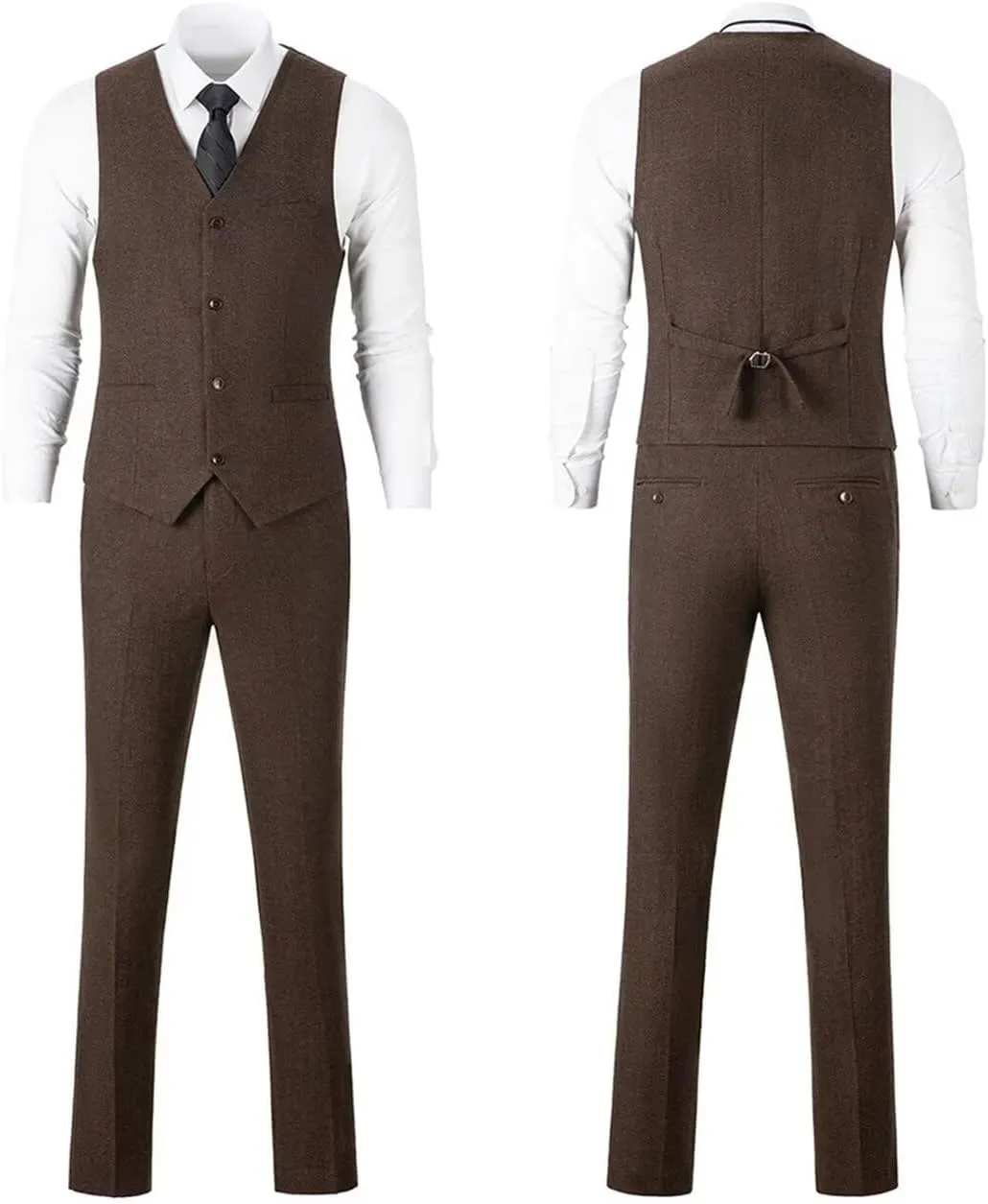Retro Mens 3 Piece Suit Tweed Herringbone Slim Fit Suits Groomsmen Brown Tuxedos Set Prom Jacket Blazer Vest Pants for Men