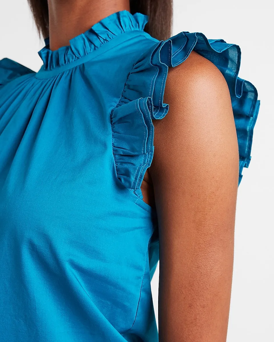 Ruffle Mock Neck Top in Mykonos Blue