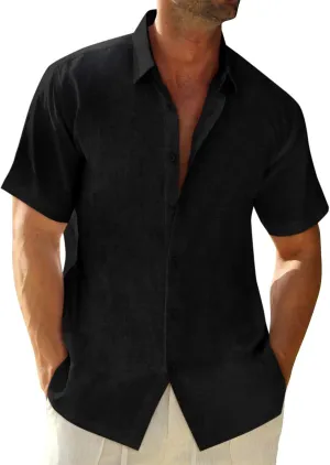Runcati Mens Button Down Linen Shirts Short Sleeve Casual Collared Summer Beach Untucked Tops