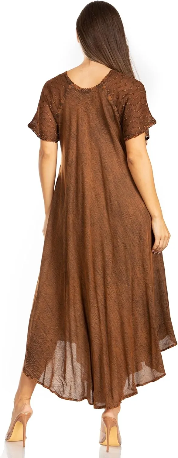 Sakkas Egan Long Embroidered Caftan Dress/Cover Up with Embroidered Cap Sleeves