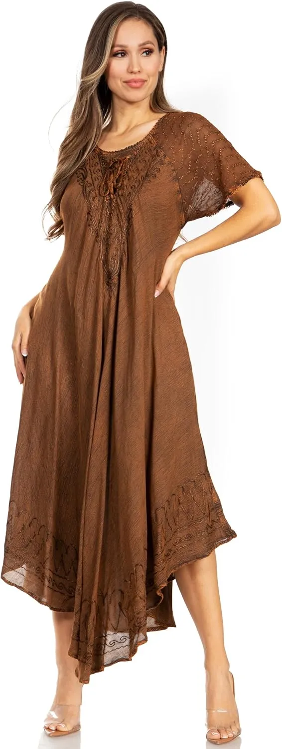 Sakkas Egan Long Embroidered Caftan Dress/Cover Up with Embroidered Cap Sleeves