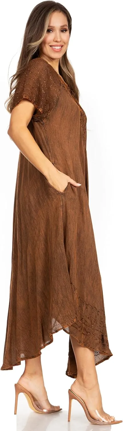 Sakkas Egan Long Embroidered Caftan Dress/Cover Up with Embroidered Cap Sleeves