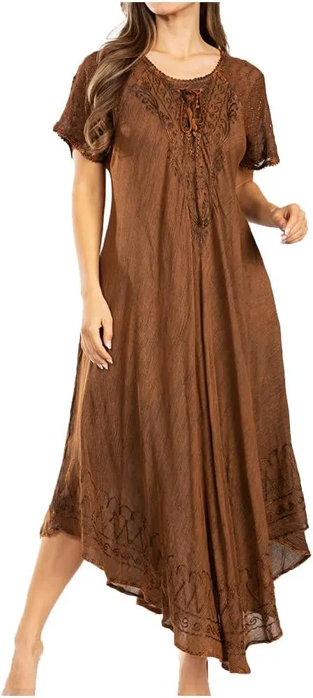 Sakkas Egan Long Embroidered Caftan Dress/Cover Up with Embroidered Cap Sleeves