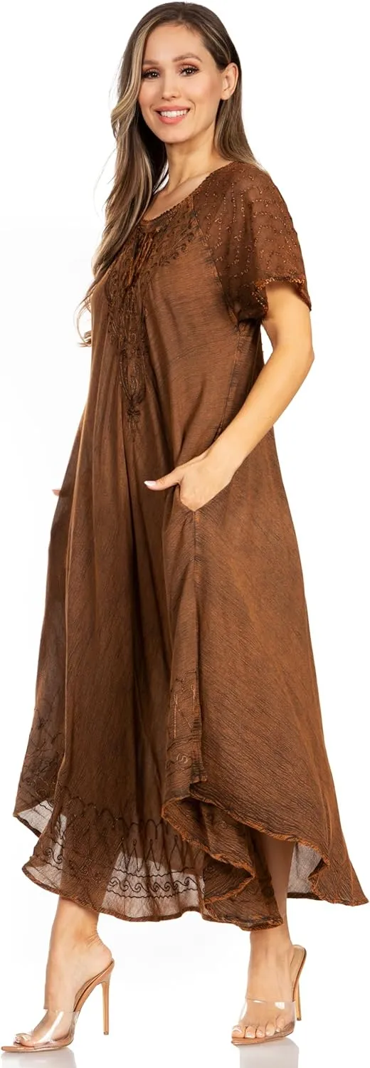 Sakkas Egan Long Embroidered Caftan Dress/Cover Up with Embroidered Cap Sleeves
