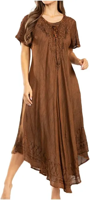 Sakkas Egan Long Embroidered Caftan Dress/Cover Up with Embroidered Cap Sleeves