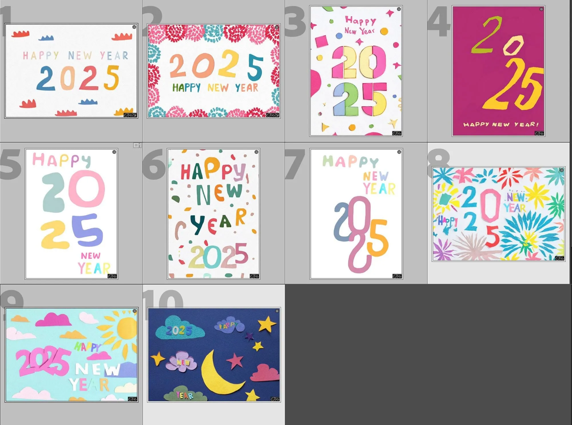 VIP Gift - New Year 2025 Cards Colorful Modern Typography Happy New Year Greetings Artistic Designs Set of 10