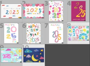 VIP Gift - New Year 2025 Cards Colorful Modern Typography Happy New Year Greetings Artistic Designs Set of 10
