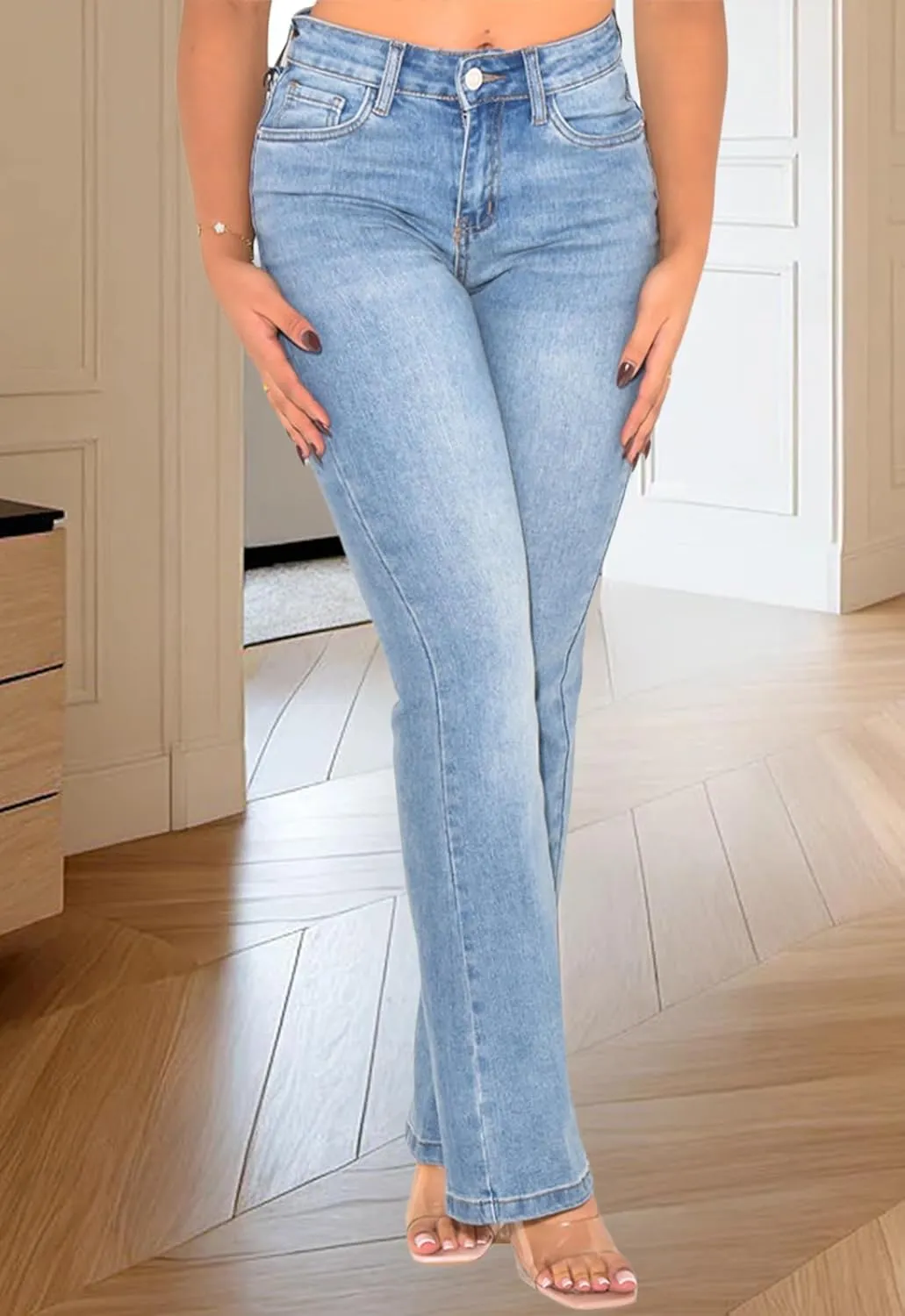 Women's Casual Denim Jeans Skinny Straight Leg High Waist Stretchy Denim Pants