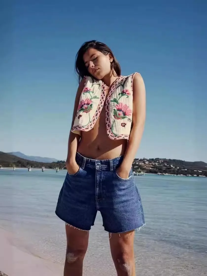 Women's Floral Embroidered Vest Boho Vintage Linen Vest Y2k Sleeveless 2024 Summer Waistcoat Top