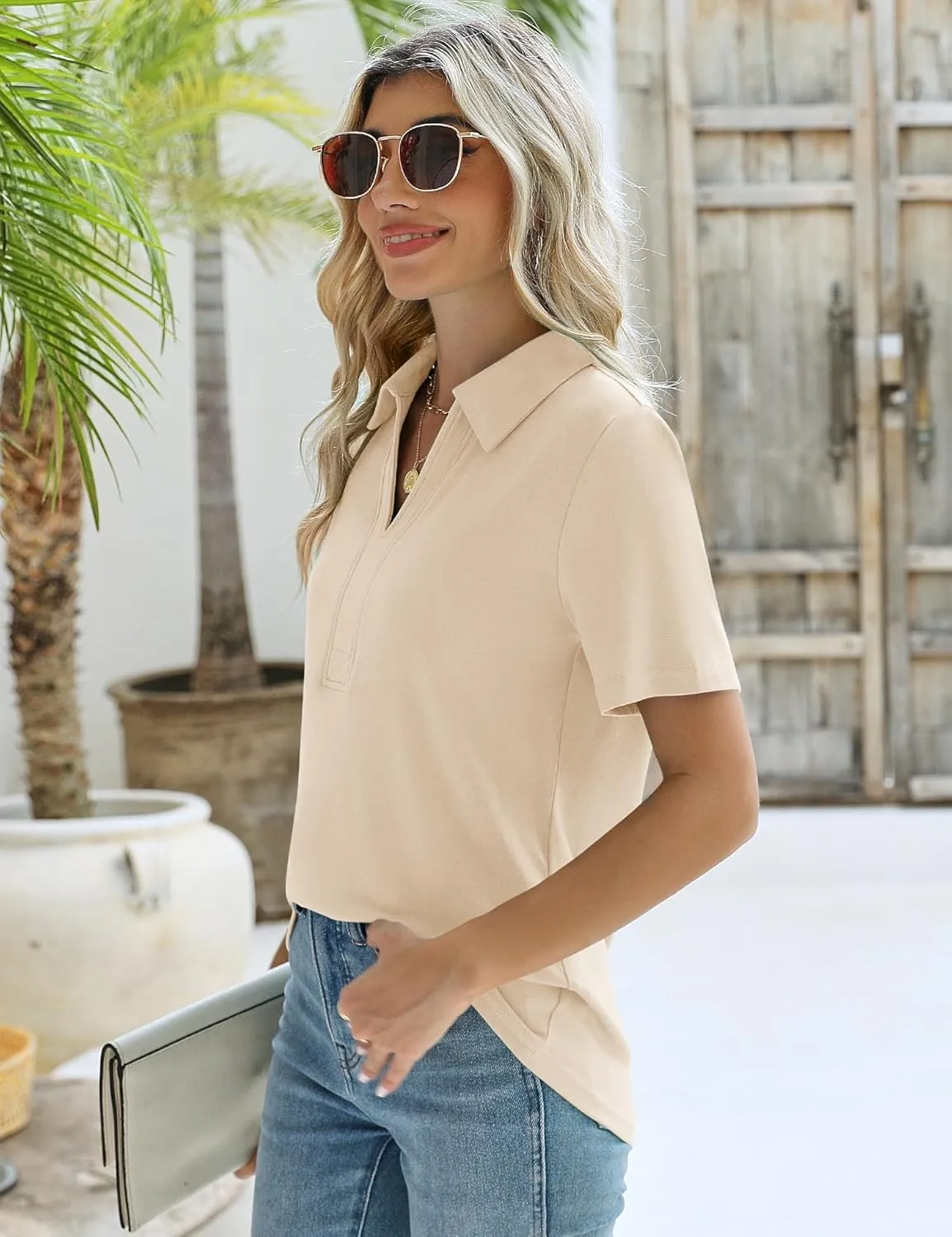 ZHENWEI Women's Short Sleeve V-Neck Polo Shirts Business Casual Work Collared Tops Dressy Johnny Collar Cute Blouses